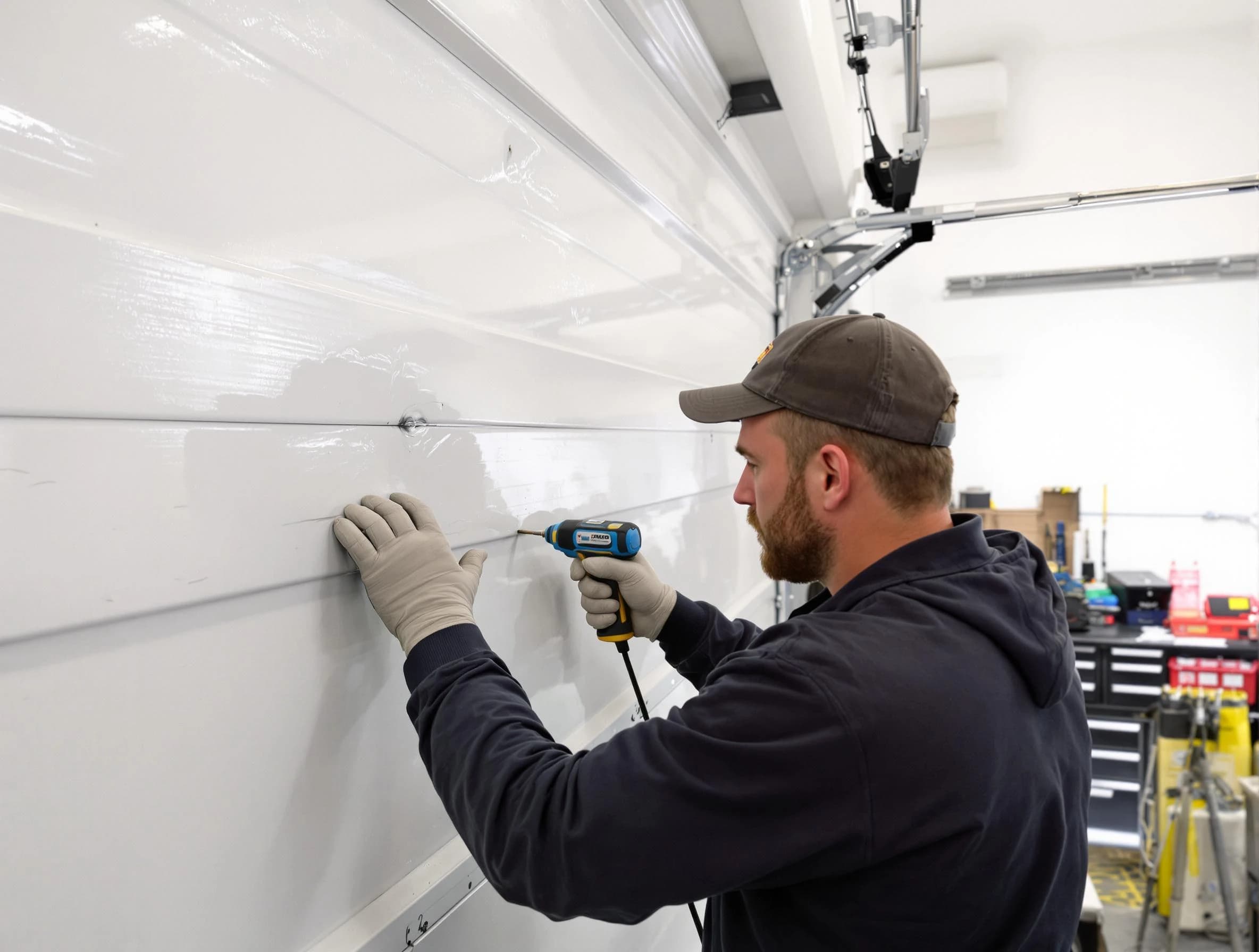 Odenville Garage Door Repair technician demonstrating precision dent removal techniques on a Odenville garage door
